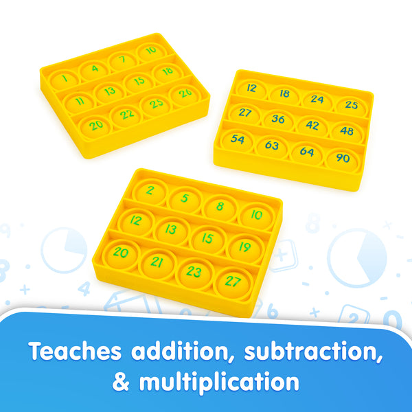 Yellow educational math toys with numbers on a white background