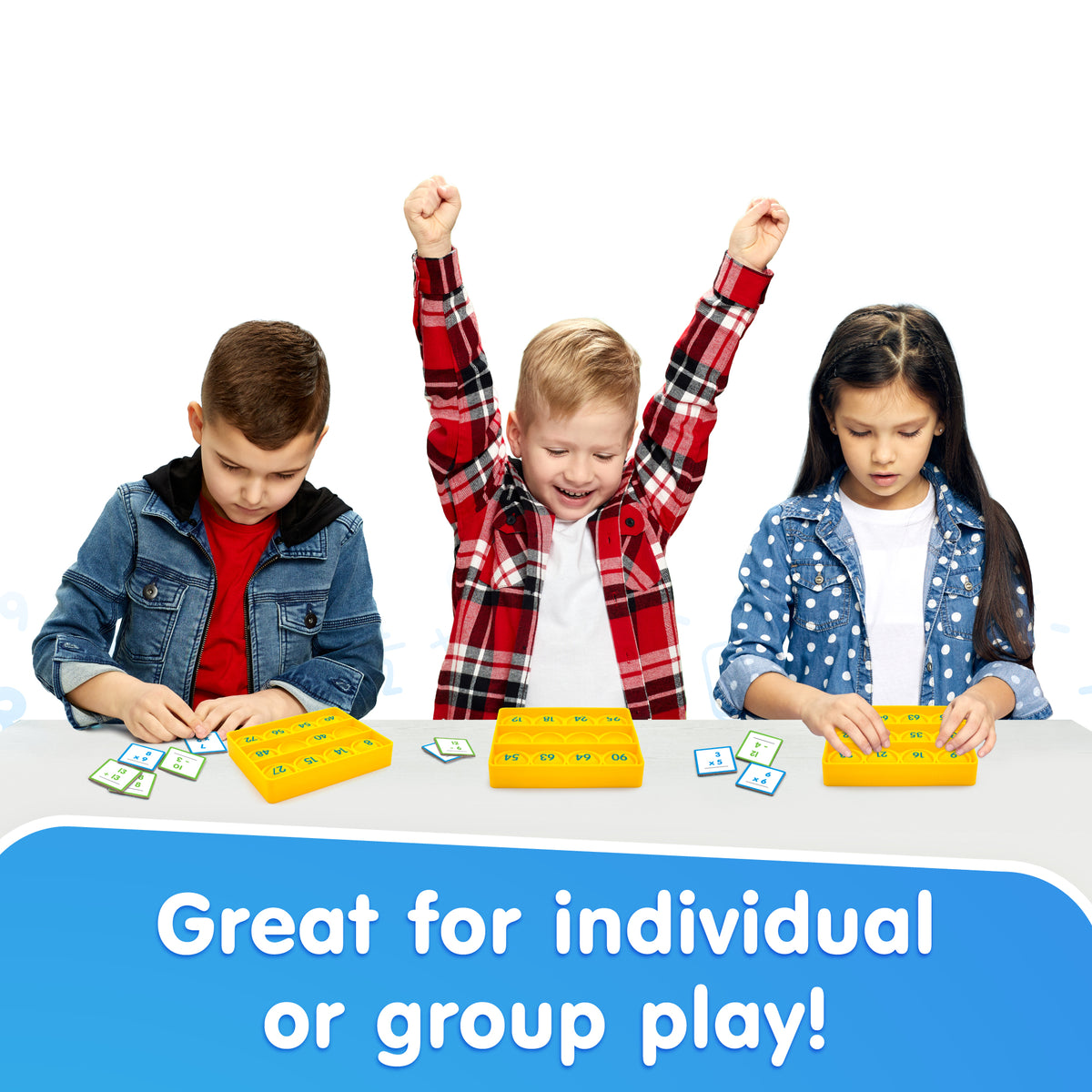Three children playing a game with cards at a table, text 'Great for individual or group play!' at the bottom.