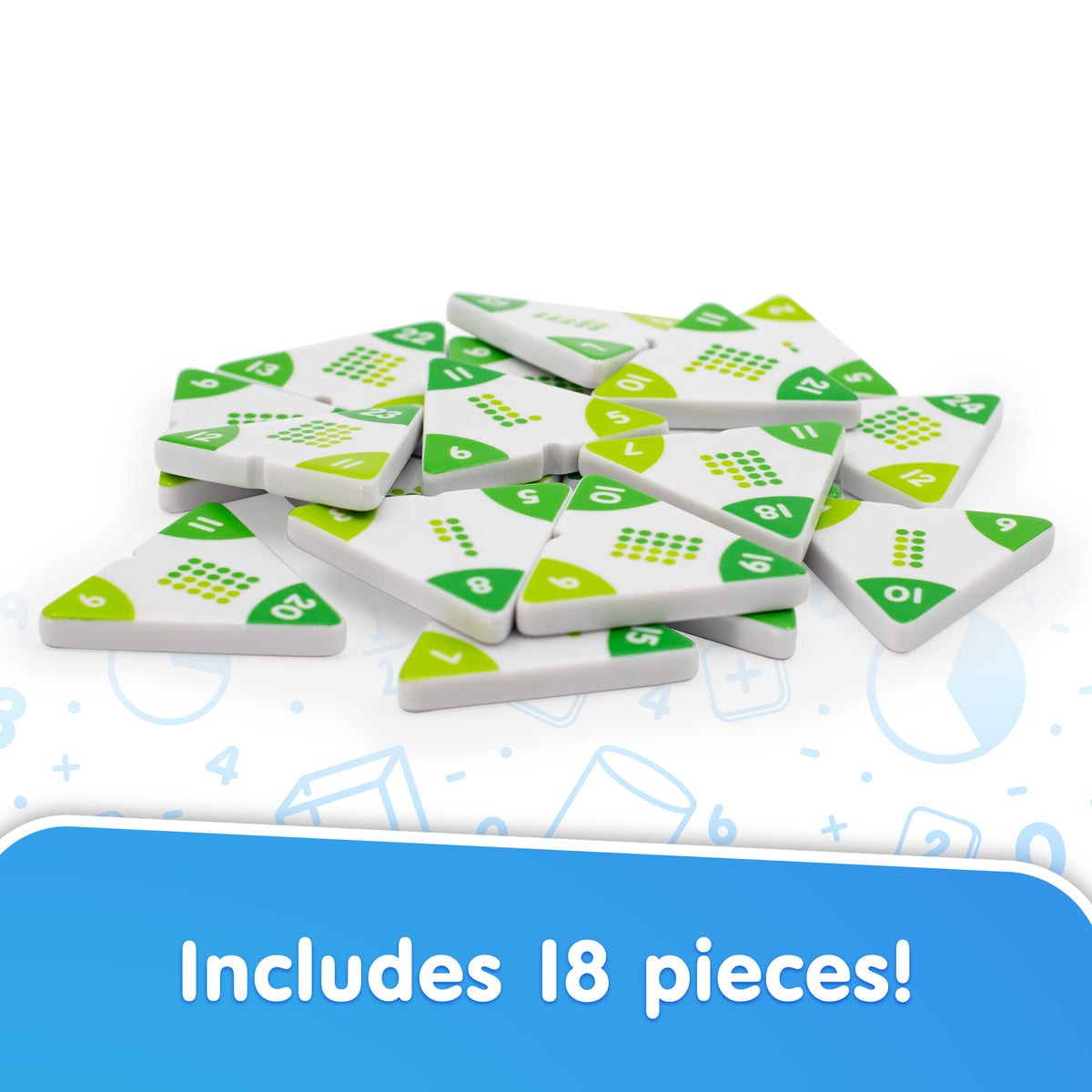 Set of game pieces with green and white designs on a light blue background