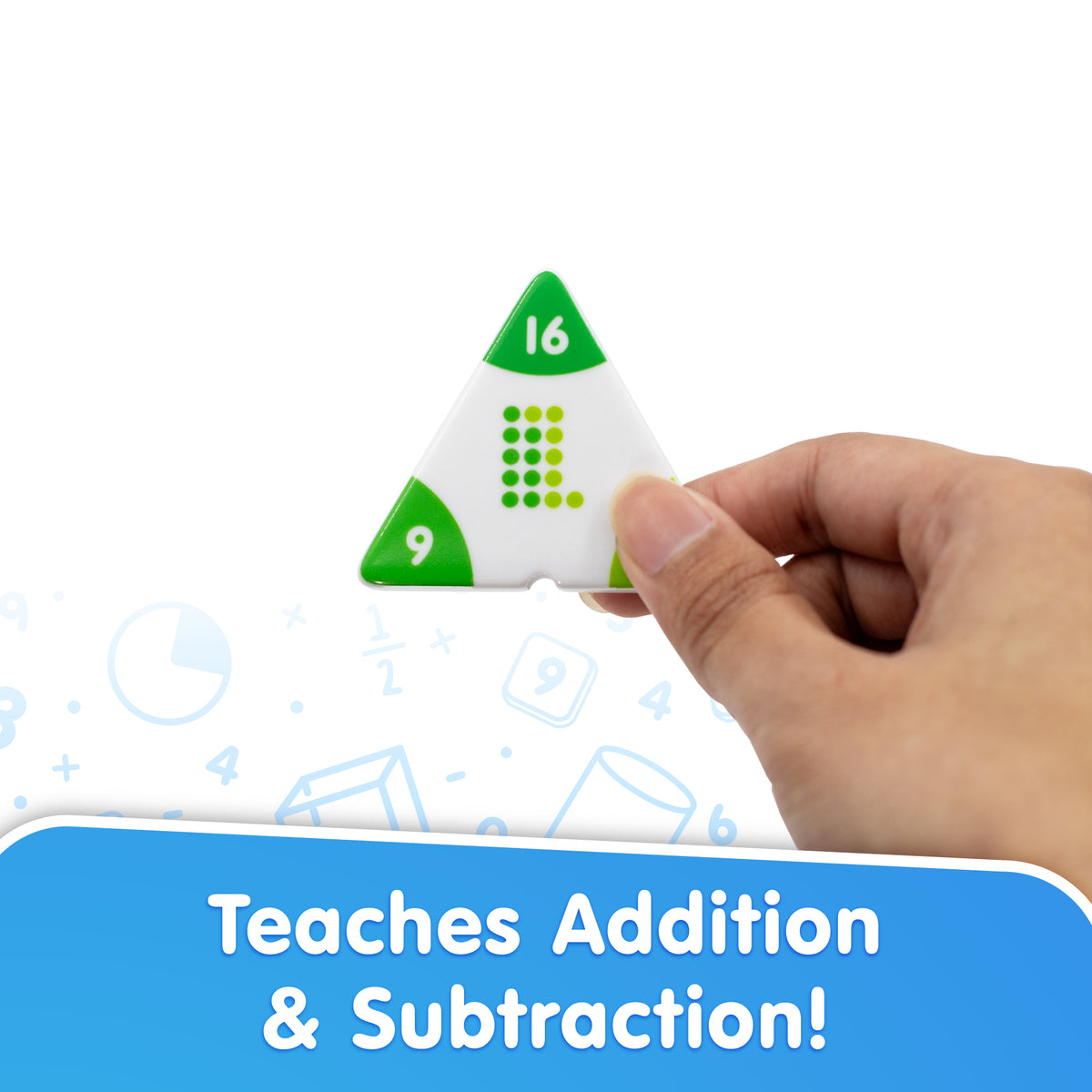 Hand holding a triangular math tool with numbers on a white background