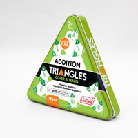 Triangular packaging of Addition Triangles educational game by Junior Learning on a white background