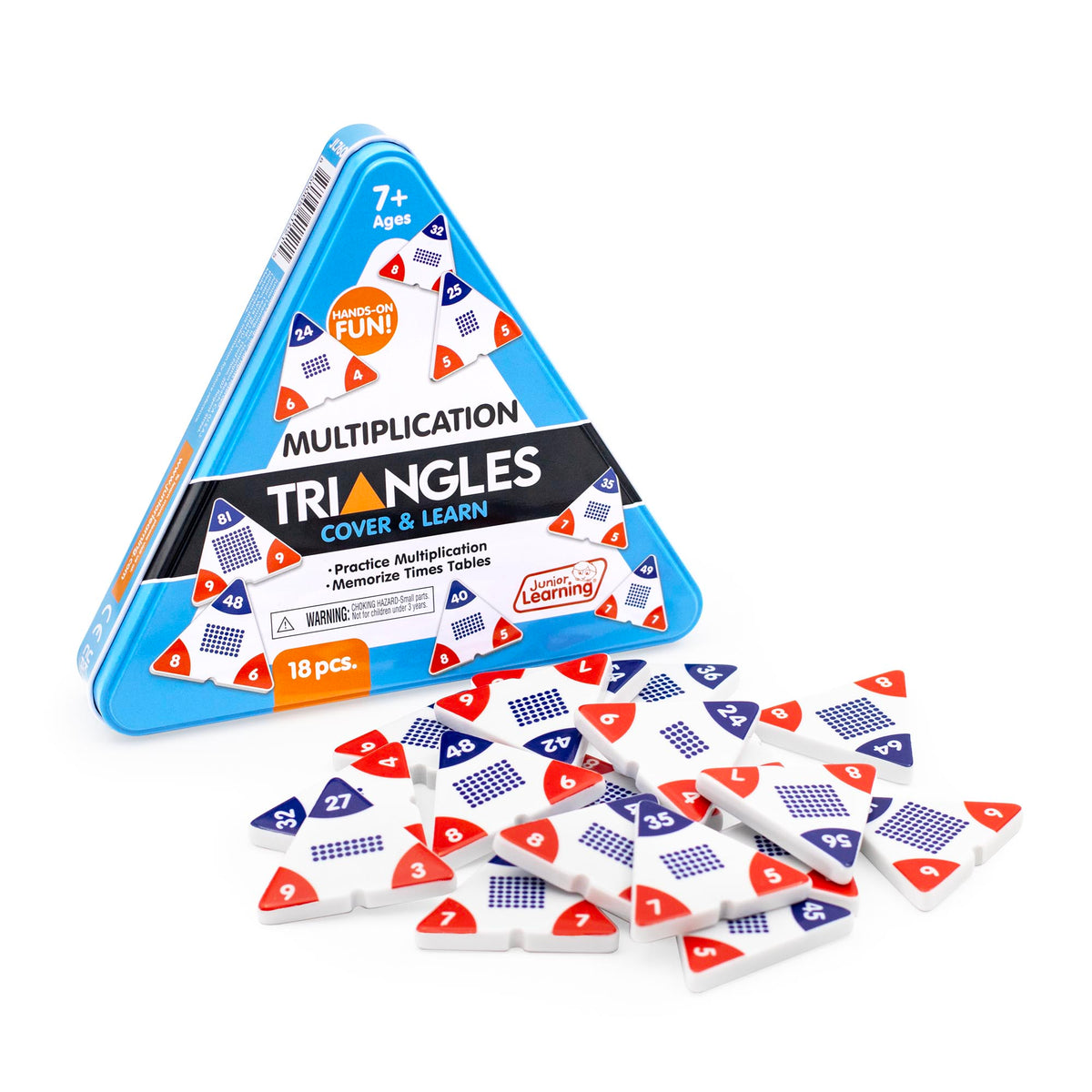 Triangular packaging of Multiplication Triangles educational game with tiles displayed on a white background