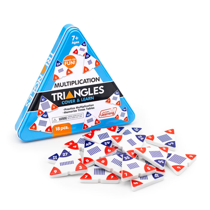 Triangular packaging of Multiplication Triangles educational game with tiles displayed on a white background