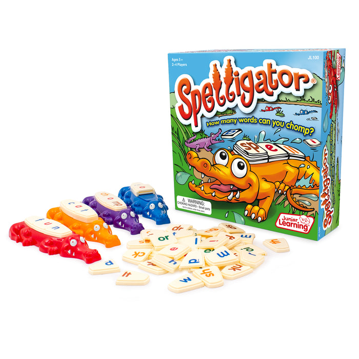 The image shows the Spelligator game set which includes a colorful game box with Spelligators and letter tiles displayed in front.